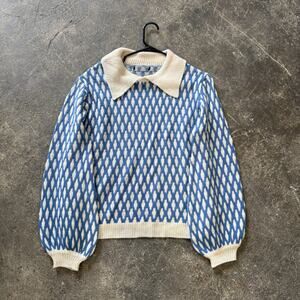 Balloon Sleeve Cable Knit Sweater Womens L Blue Diamond Collared Winter Fall